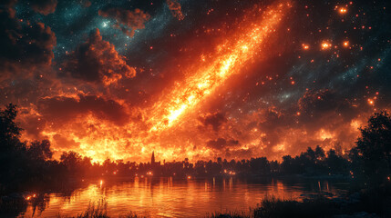Wall Mural - beautiful orange and blue sky with a long orange line in the middle. the sky is filled with stars an
