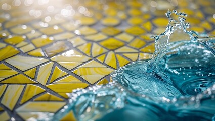 Poster - Water splashes on colorful mosaic tiles creating a vibrant and dynamic interaction in bright surroundings