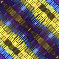 Aufkleber - Symmetrical digital illustration with wavy stripes of yellow, blue and orange rectangles. 3d rendering