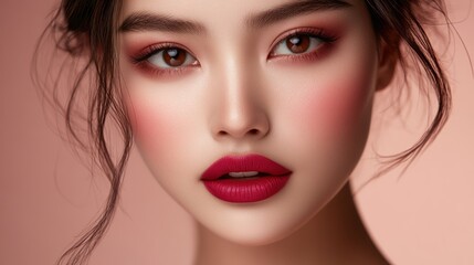  Close-up portrait of a young woman with flawless makeup, featuring rosy cheeks and bold red lipstick.