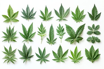 Poster - Various types of green leaves arranged artistically on a white background showcasing diverse shapes and sizes