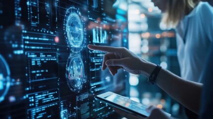 Fototapete - Two businesswomen analyzing and discussing data displayed on a futuristic touchscreen interface, enhancing their business strategies with cutting edge technology