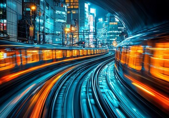 Poster - A train hurtles through a tunnel in Tokyo, Japan, creating motion blur