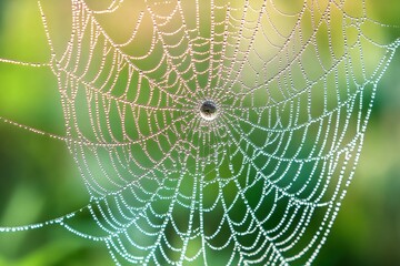 Aufkleber - Intricate spider web glistens with morning dew in soft light, showcasing nature's delicate artistry and intricate designs in a tranquil outdoor setting
