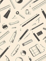Poster - Seamless pattern background showcasing clean icons of design tools such as pencils, rulers, and color palettes in a soft monochrome palette