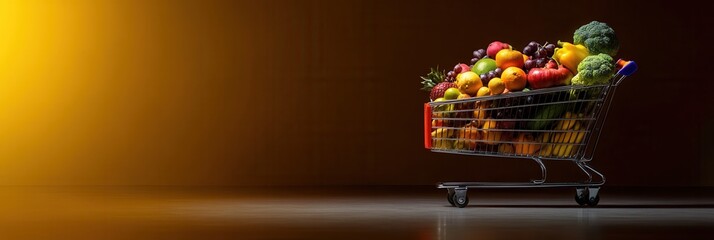 Aufkleber - Vibrant grocery cart filled with fresh fruits and vegetables against a soft backdrop in a modern setting