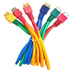 Poster - Multicolored computer cables arranged in a circle on a Transparent background for visual tech representation, Multicolored computer cables isolated on PNG background