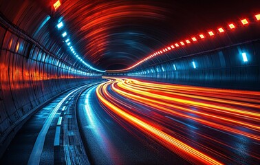 Poster - A stream of vehicles hurtling through a modern tunnel. Speed in motion