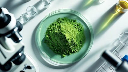 Poster - green powder displayed on a plate among laboratory equipment during a scientific experiment on herba