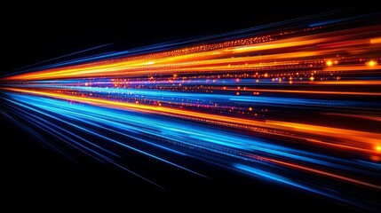 Wall Mural - Light motion with speed on the neon glowing road in darkness. Speed motion on the road. Accelerating colored light streaks. Abstract illustration. Motion streaks in Pink, Orange, and Blue