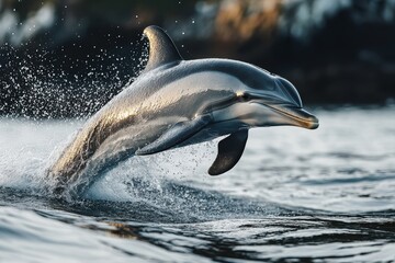 Aufkleber - Dolphin leaps gracefully from the ocean surface in a stunning display of agility and energy on a sunny day near rocky shores