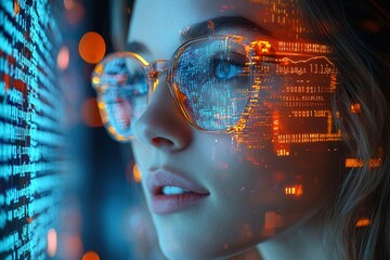 Poster - A close-up shot of a girl with glasses working on a futuristic computer with holographic elements. Concept: Future, technology, work