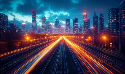 Poster - First railway carriage view with night-time motion blur and abstract metro setting