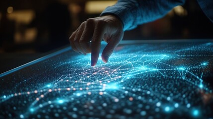Poster - businessman interacting with futuristic touchscreen table, exploring complex network of interconnect
