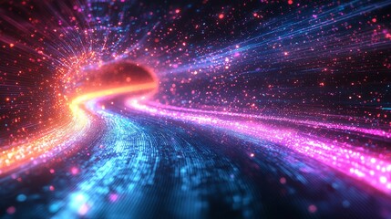 Wall Mural - Envision an abstract holiday scene, masterfully rendered in 3D as digital fractal art, with a backdrop of blurred rays and sparkles bathed in blue and rose light