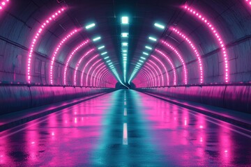 Poster - Tunnel motion with a curve. Abstract background colored in pink or living coral, with motion blur and lights, symbolizing speed and movement