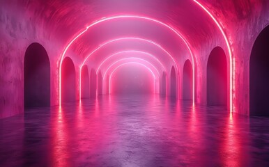 Poster - An abstract 3D background rendered in bright pink and violet neon, with panels that glow under ultraviolet light, representing advanced power generating technology