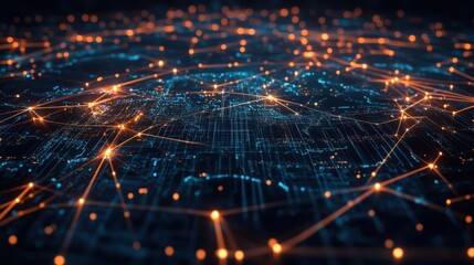 Poster - Futuristic printed circuit board is connecting digital data flow with glowing orange and blue lines, creating a complex network of information exchange in cyberspace