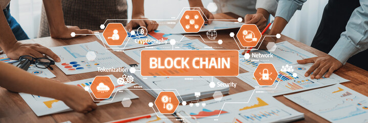 Fototapete - A diverse team collaborates on blockchain technology, examining charts and graphs to enhance digital security and tokenization strategies in business development. Amity