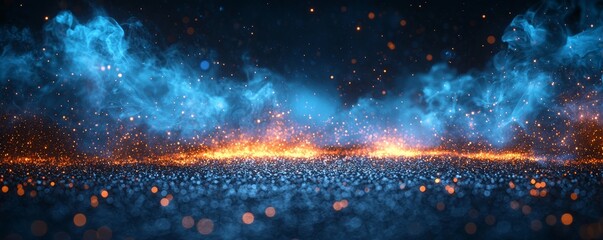 Poster - In the darkness of an empty street, where smog and smoke mix, wet asphalt mirrors the glow of neon lights and the focused beam of a searchlight, crafting an abstract light display. The dark