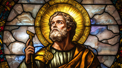 Wall Mural - a magnificent stained glass artwork of saint peter, depicted holding the keys of heaven, with a gold