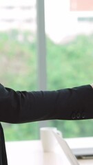 Poster - business people handshake with friend at office showing trust , friendship and success celebration .
