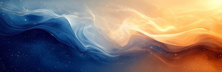 Poster - The banner design incorporates tan, teal blue, and light slate gray colors, showcasing dynamic curved lines that resemble fluid, flowing waves and curves
