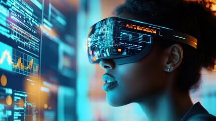 Poster - businesswoman wearing a futuristic vr headset analyzes financial data on multiple digital screens in