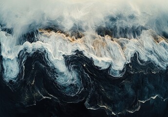Poster - Abstract Aerial View of Dynamic Ocean Waves Creating Intricate Patterns on Rocky Shoreline at Sunset