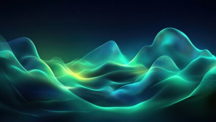 Poster - Abstract digital waves in vibrant green and blue colors creating a serene and mystical mountainous landscape with a dark background