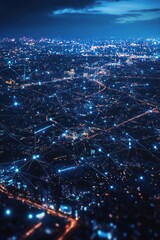 Poster - Aerial view of a vibrant city at night, illuminated by countless lights and interconnected by glowing network lines, showcasing urban life and technology