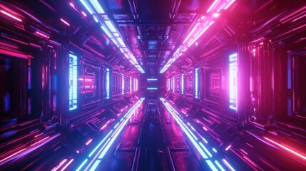Poster - A vibrant, futuristic corridor illuminated with neon lights, showcasing a symmetrical design that creates an immersive digital environment