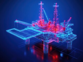 Poster - Futuristic oil rig in neon colors on a digital background