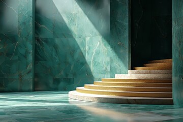 Poster - A 3D rendering of a clean geometric background illuminated by direct sunlight in green and yellow tones, with an empty podium prepared for a product presentation