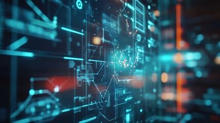 Poster - futuristic interface displaying complex data analysis and processing, with glowing lines, nodes, and