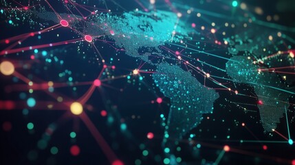 Poster - Colorful lines and dots represent global data exchange, connecting continents and illustrating international communication and information flow across world map