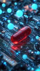 Poster - A vibrant red capsule resting on a futuristic circuit board, surrounded by glowing blue orbs, symbolizing technology and health innovation