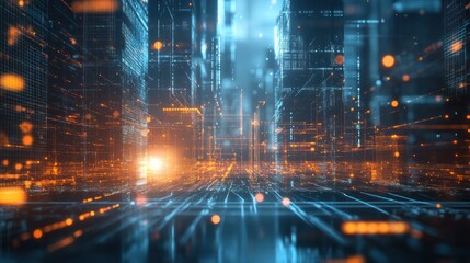 Poster - A futuristic cityscape illuminated by vibrant blue and orange lights, showcasing advanced technology and digital elements, with a sense of depth and motion