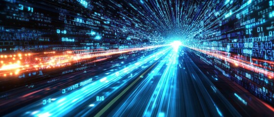 Poster - an abstract representation of digital data flow, showcasing vibrant blue and orange streaks of light