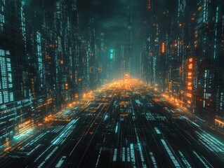 Poster - Futuristic cityscape with glowing data streams at dusk