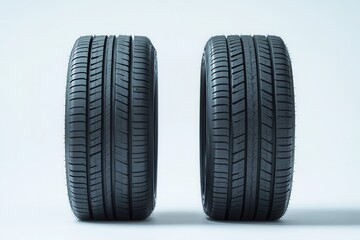 Fototapete - Two black car tires showcasing tread design on a clean white background for automotive analysis and comparison