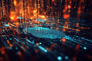 Fototapete - Abstract digital fingerprint surrounded by glowing data streams and particles, representing cybersecurity and technology advancements