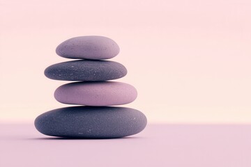 Poster - Zen-inspired minimalistic composition featuring smooth pebbles balanced on a pastel gradient background during soft daylight
