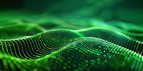 Poster - Abstract green wave flow with dotted texture on a dark background. Concept of digital technology, fluid motion, green energy, futuristic design, and particle visualization