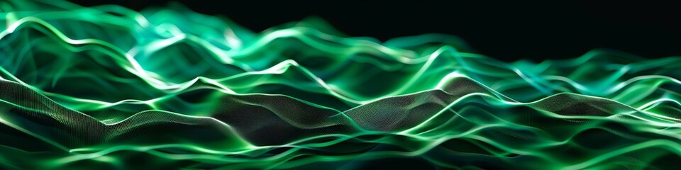 Poster - Abstract Green Wave Flow with Digital dotted Pattern on Dark Background. Concept of Technology, Innovation, Network, and Connectivity. Banner