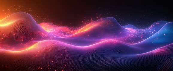 Poster - Vibrant gradient background with a futuristic and modern wallpaper design that includes wavy lines and a neon lighting effect. This design is perfect for modern illustrations suited for print,