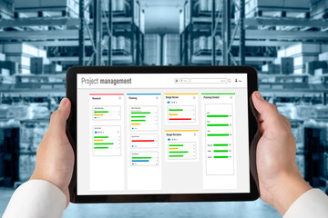 Poster - project planning software for modish business project management on the computer screen showing time