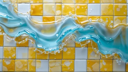 Poster - Splashing turquoise water flows over vibrant yellow and white tiled surface, creating a dynamic visual texture