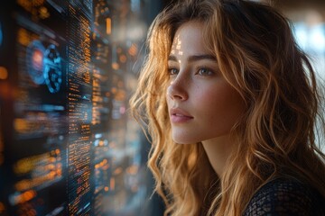Poster - In a virtual reality environment, an AI UX interface enables a businesswoman of color to access the metaverse of data. This digital scenario,Whether focused on future work, information management, or