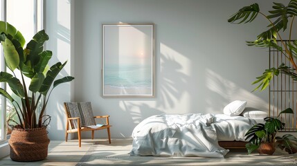 Leinwandbilder - Modern picture frame in landscape orientation hanging on a wall in a well lit coastal bedroom with clean lines and simple decor